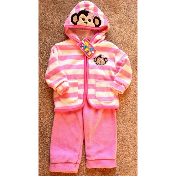 NWT Girl's Size 6-9 M Months 2P Mon Petit Pink Fleece Monkey Jacket & Pants Set - Picture 1 of 6